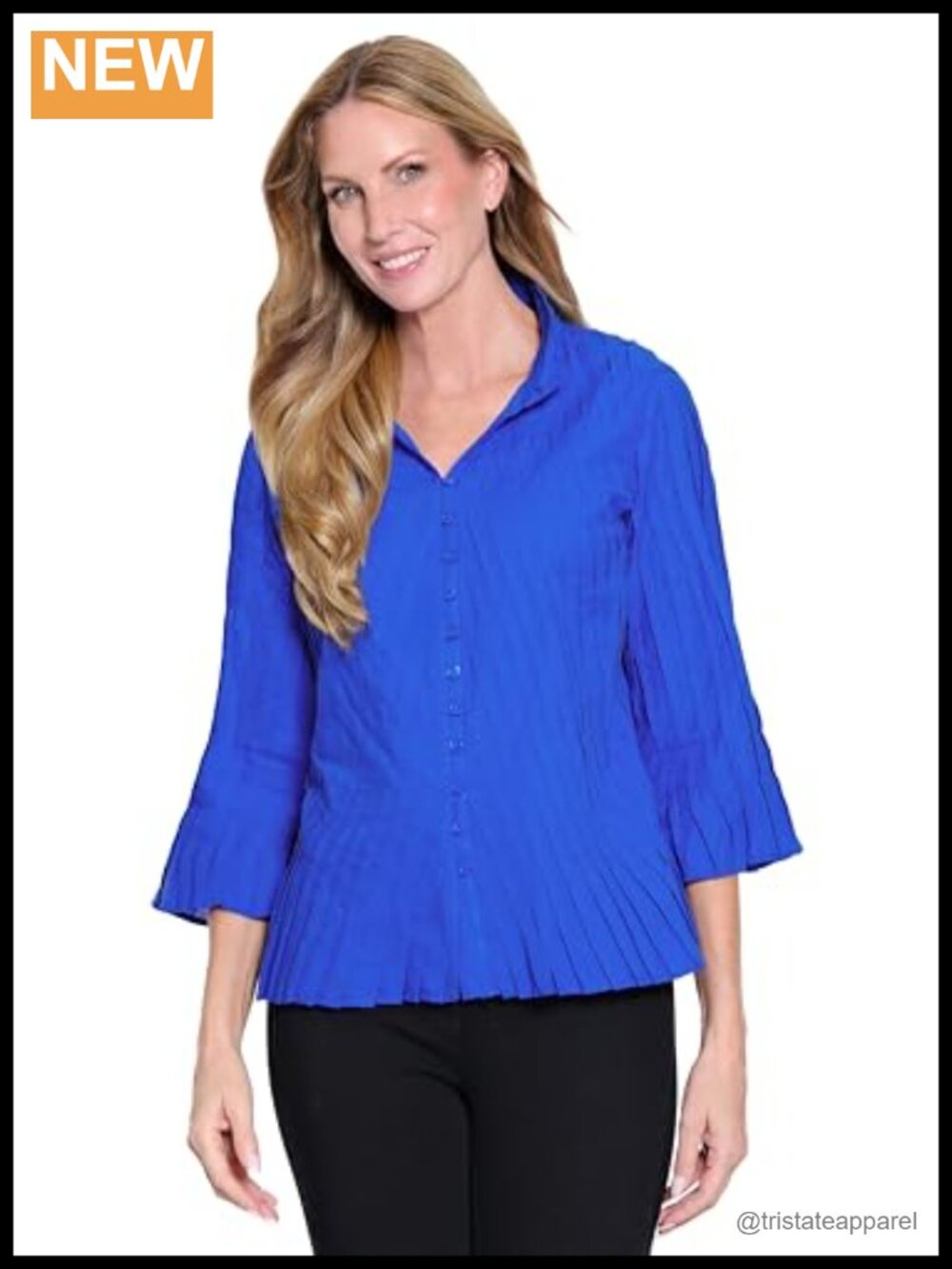 Women's Pleated Button Front Blouse 3/4 Sleeves Cotton